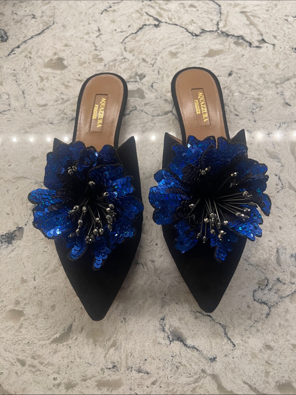 Size 36/6 Aquazzura Black Suede Mules with Royal Blue Sequin Flower